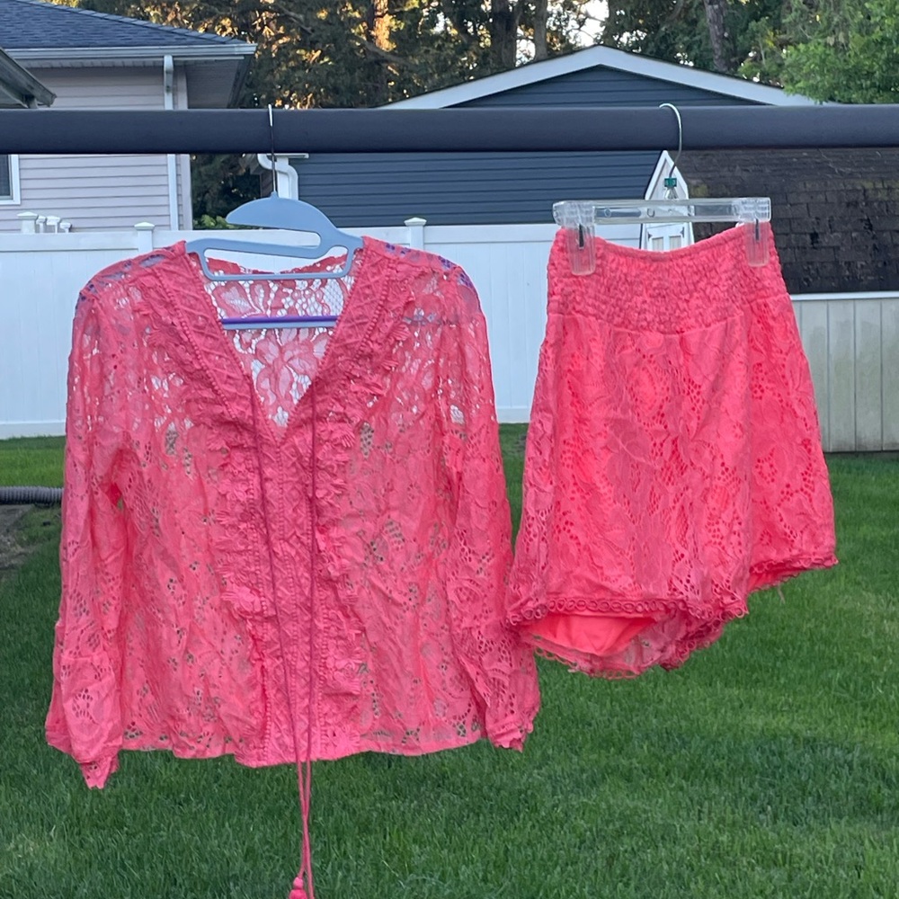 Vibrant Pink Lace Top and Shorts Set